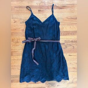 Abercrombie & Fitch Navy Blue Lace Slip Dress with Striped Waist Tie